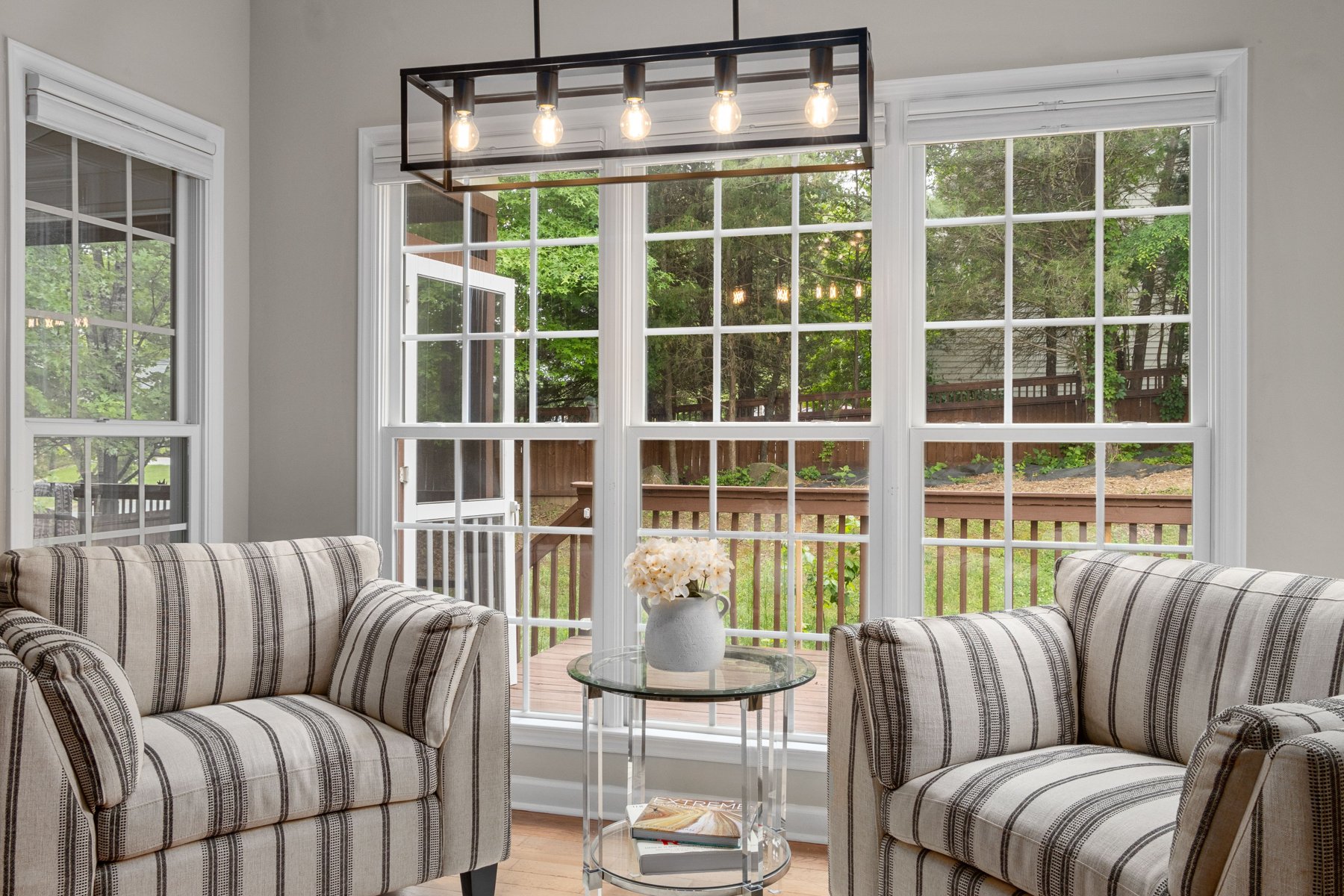 Distinct interior living space and window treatments